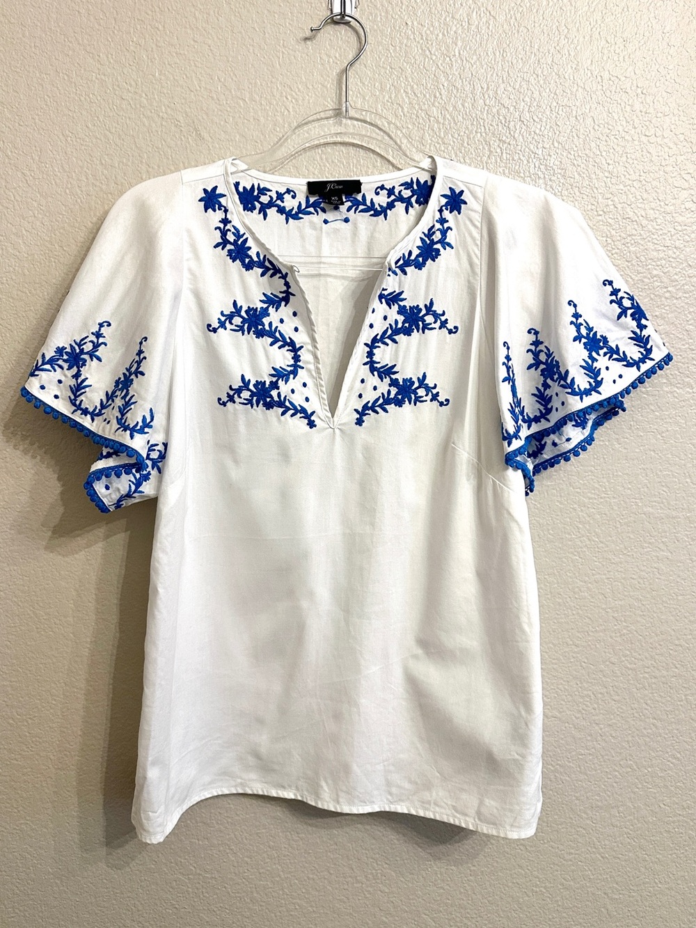 J. Crew White Blouse Blue Embroidery